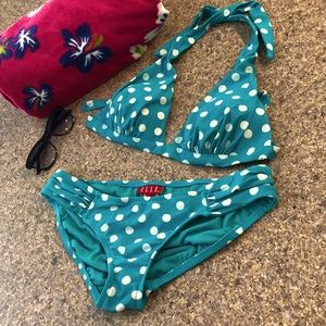 Vintage Elle Bikini 2 piece Swim Size 8 Polka Dot Teal (?) & White